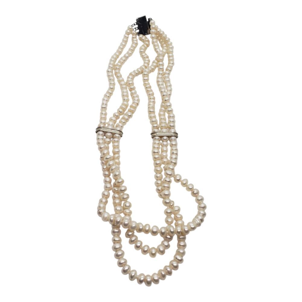 Freshwater Pearl Necklace 3 Strand White Rhinestone Spacers Silver Tone Layered - Picture 4 of 15